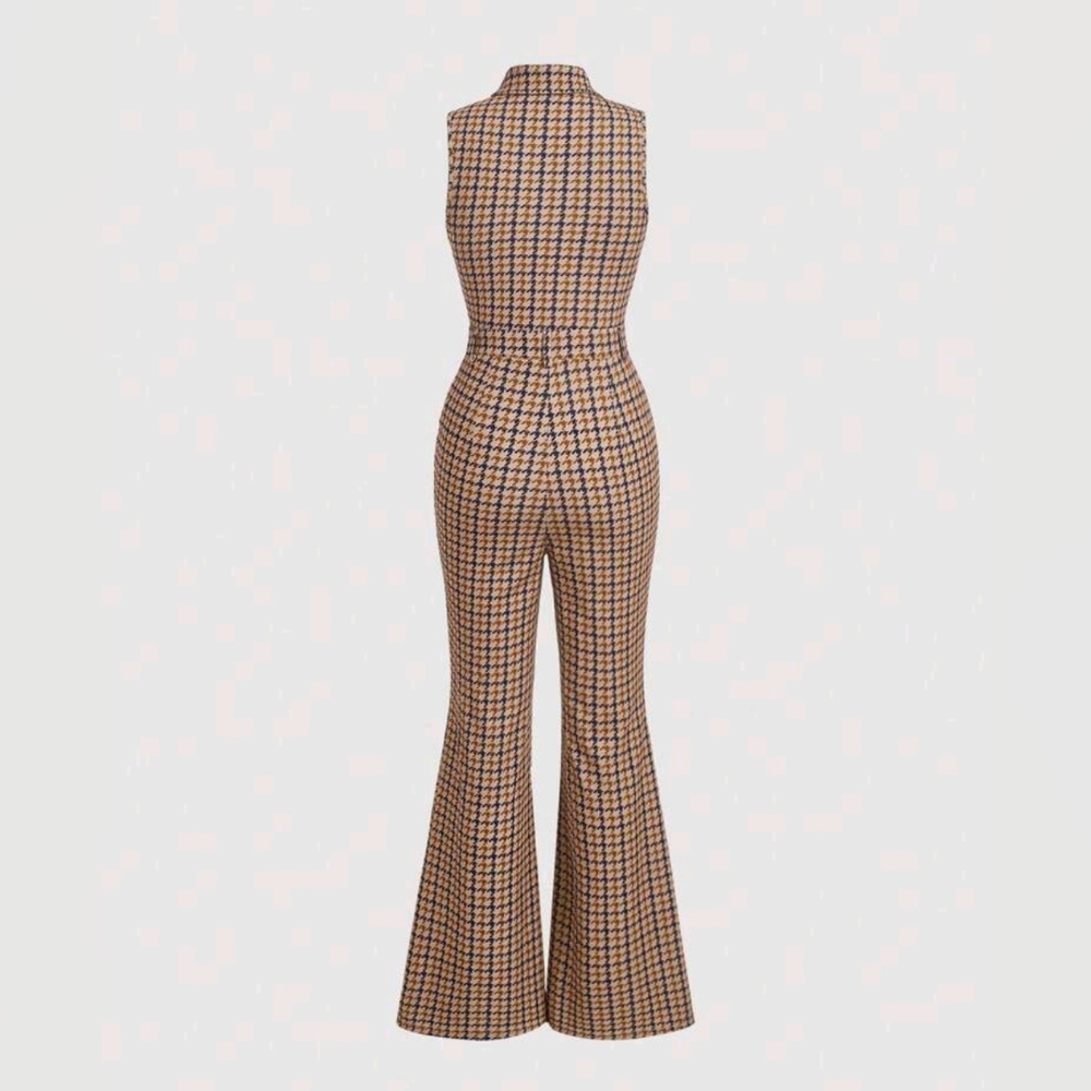 Stylish Houndstooth Jumpsuit - Black and Tan - Picture 3 of 7